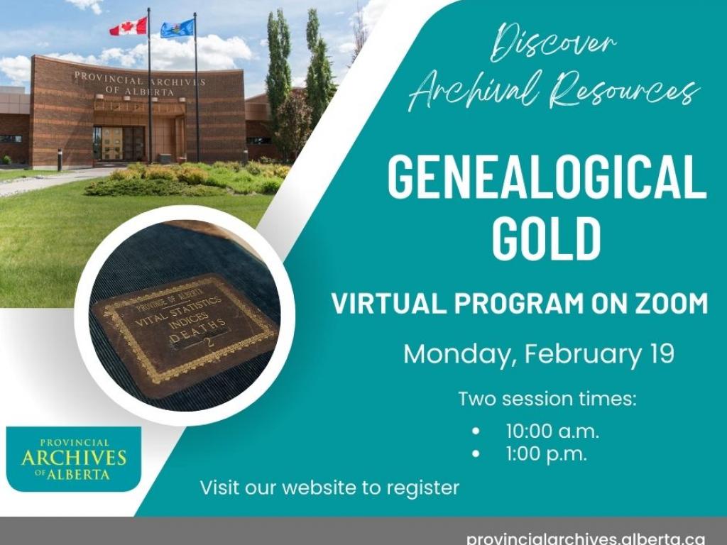 Ad for Discover Archival Resources: Genealogical Gold - virtual event on Zoom