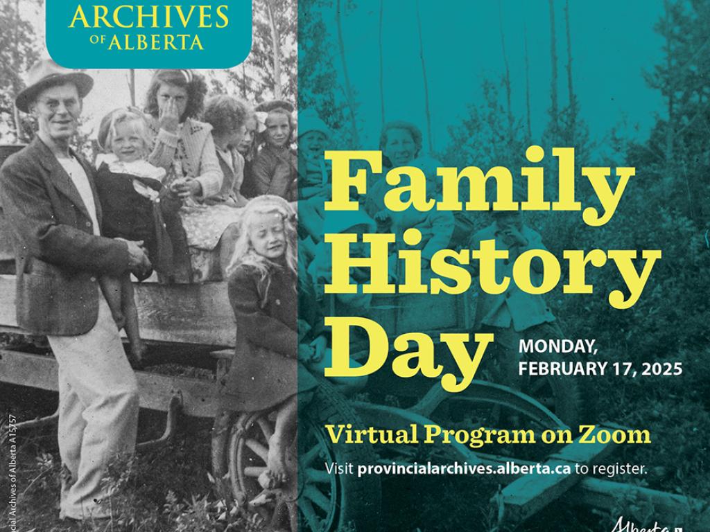 Advertisement for Family History Day, image of mother and father with children on horse-drawn cart (PAA#A15757)