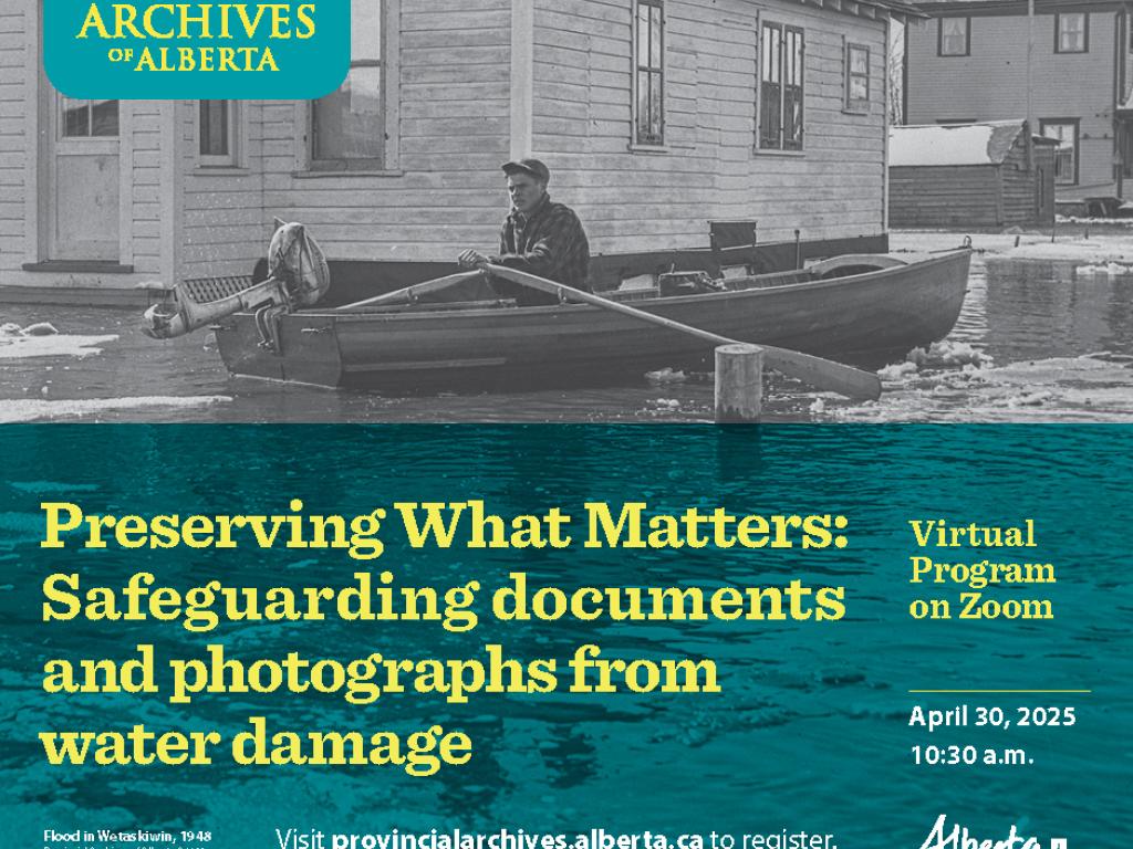 Ad for "Preserving What Matters: safeguarding documents and photographs from water damage." presentation. Image of man on a boat during a flood. PAA#A6600