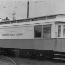 <em>Edmonton Public Library, the first in Canada to have a branch based in a trolley car.</em><BR />Title: Edmonton Public Library<BR />Object Number: A7068<BR />Notes: The Edmonton Public Library housed in a trolley car.<BR />Date: [between 1943 and 1949]